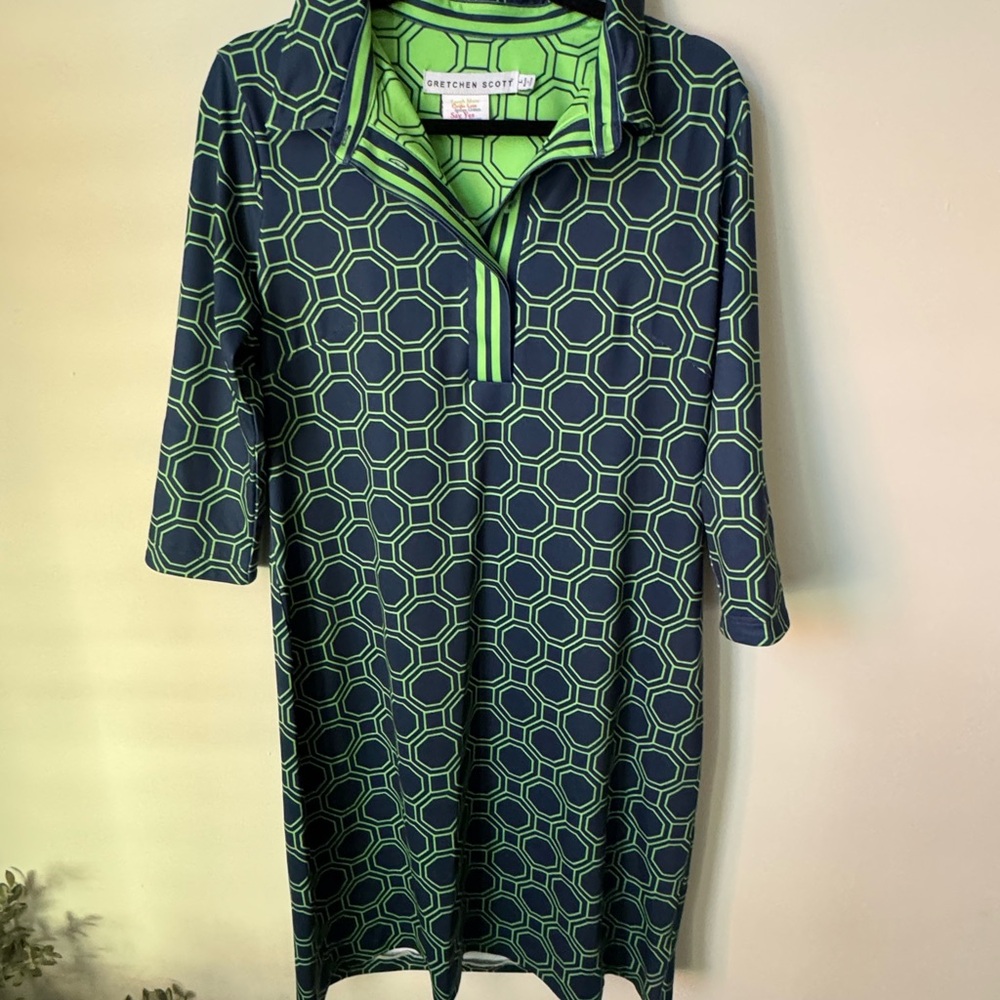 Gretchen Scott Navy Lime Geo Print Dress L– Resort Travel Style